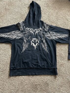 Affliction Black Pullover Hoodie with Winged Graphic